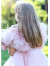 Blush Pink Tulle Feather High Low Flower Girl Dress